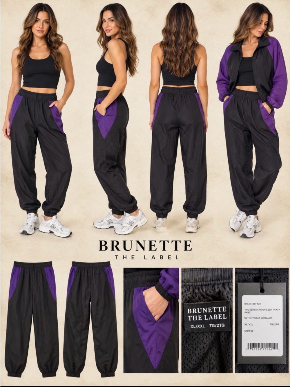 Brunette The Label Serena Oversized Track Pants Black Purple XL/XXL NWT